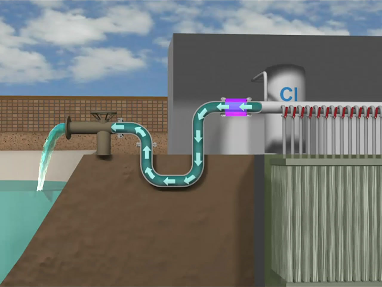 Still frame from a 3D animation illustrating the water treatment system at Anthem, AZ