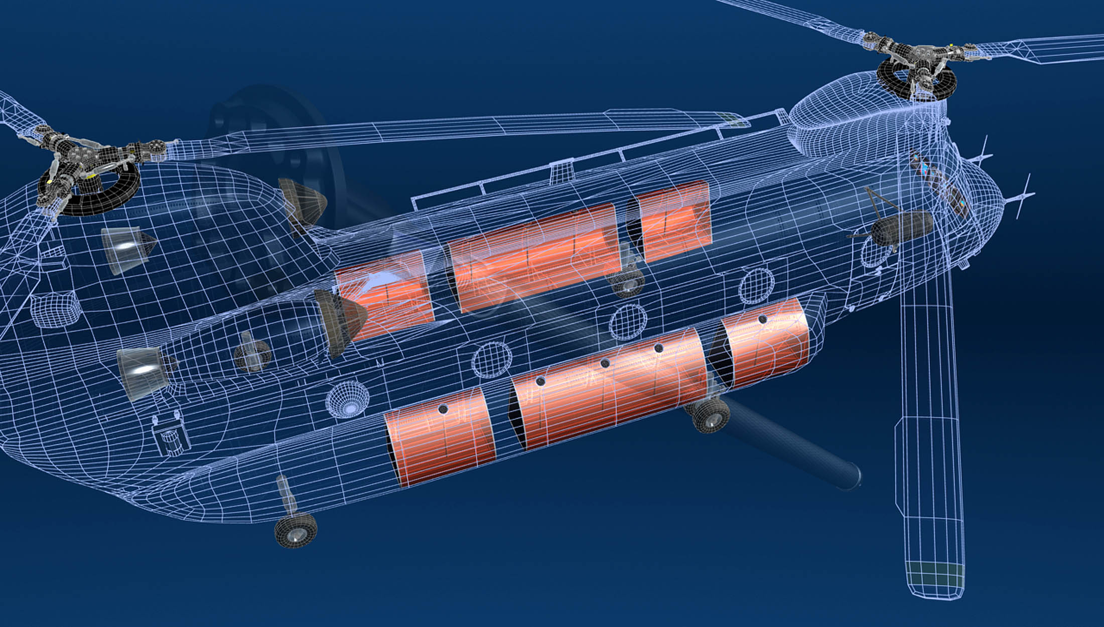 Wireframe Image Of A Dual-rotor CH-47 Revealing Fuel Tanks Where Fuel Probes Will Be Installed.